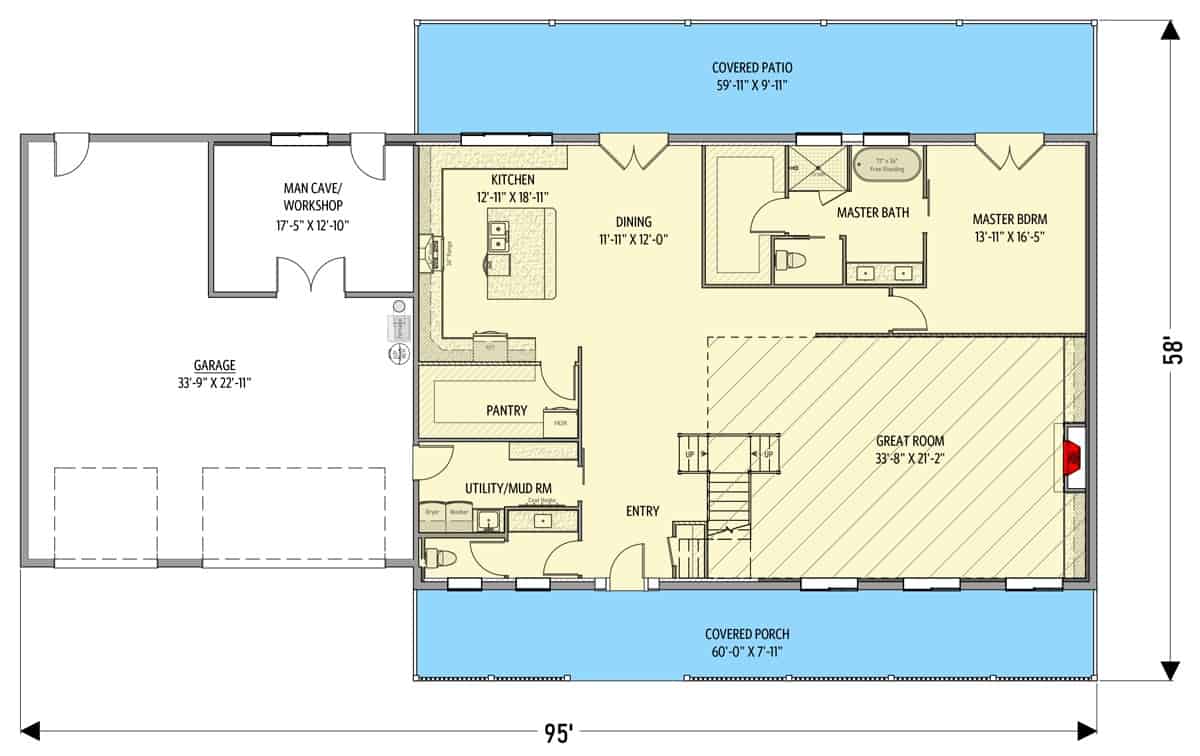 5卧室两层公寓的主平面平面图，设有门厅，大房间，用餐区，厨房，主套房和通往车库的杂物间。