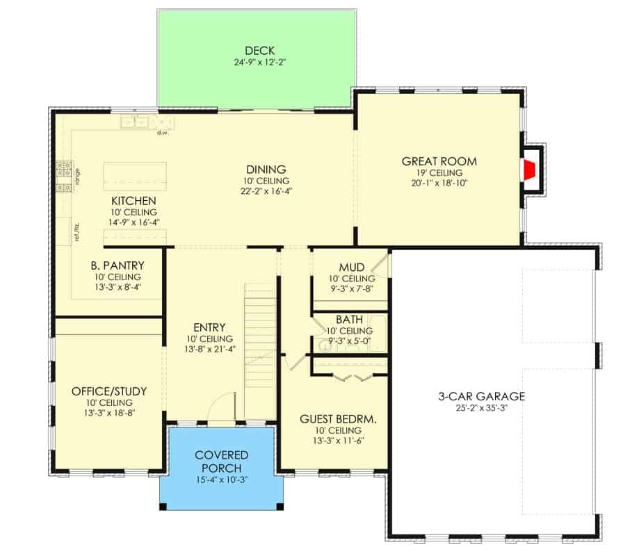 现代6间卧室的两层殖民式住宅的主要楼层平面图，设有大房间，用餐区，厨房，办公室/书房，客卧，后甲板和3个车库。