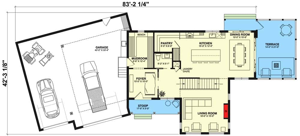 现代风格5卧室两层农舍的主平面平面图，设有门厅，客厅，厨房，餐厅和通往倾斜车库的储藏室。