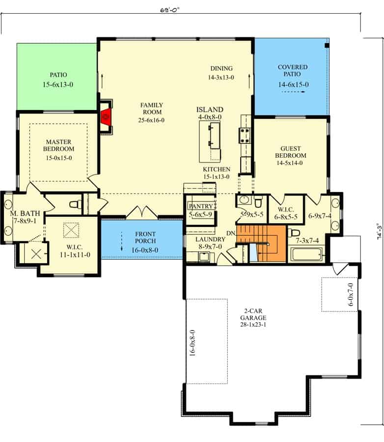 单层2卧室中世纪现代住宅的主平面平面图，前后门廊，家庭活动室，厨房，用餐区和通往庭院车库的洗衣房。