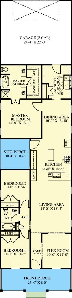 单层三卧室别墅的主要楼层平面图，带有前和侧门廊、门厅、伸缩室、起居区、厨房和通往后方车库的洗衣房。