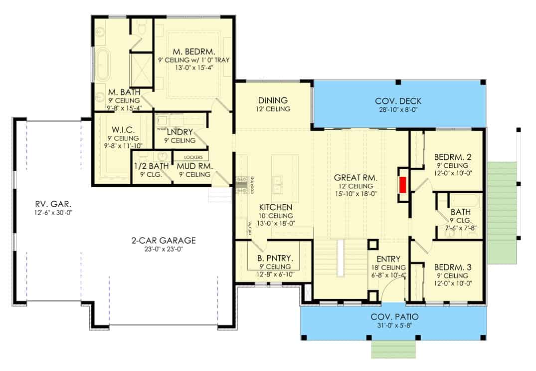 主级平面图的单层5-bedroom农舍门厅,大房间,厨房、餐厅、洗衣房、寄存室,打开车库,和两间卧室包括主卧室。