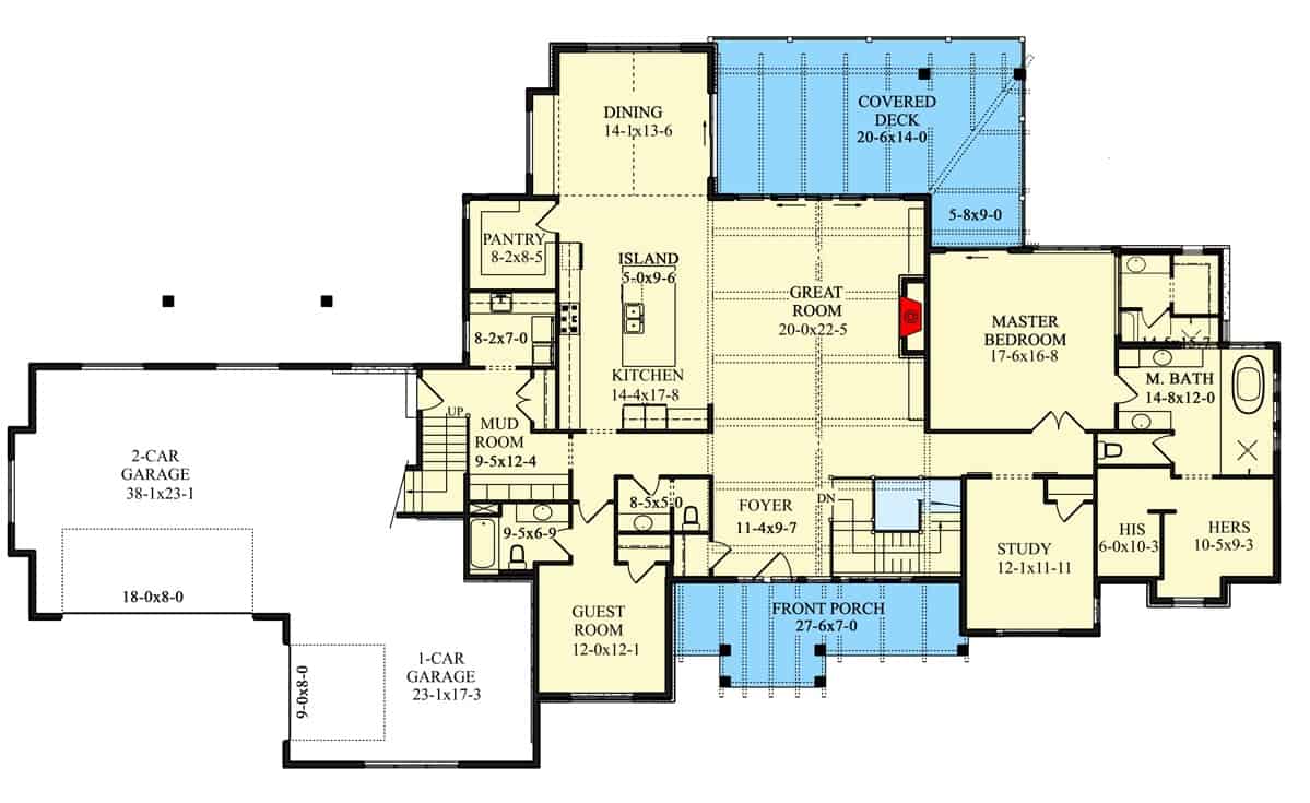 一个单层5卧室的山地工匠住宅的主要楼层平面图，设有门厅、大房间、用餐区、厨房、书房、通往车库的储藏室，以及包括主要套房在内的两间卧室。