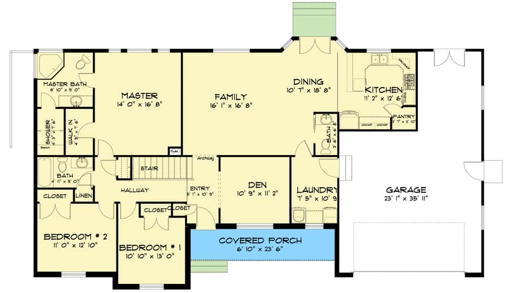 主级平面图的单层5-bedroom农场回家与家人的房间,餐厅,厨房,书房,三个卧室,和衣服,打开车库。