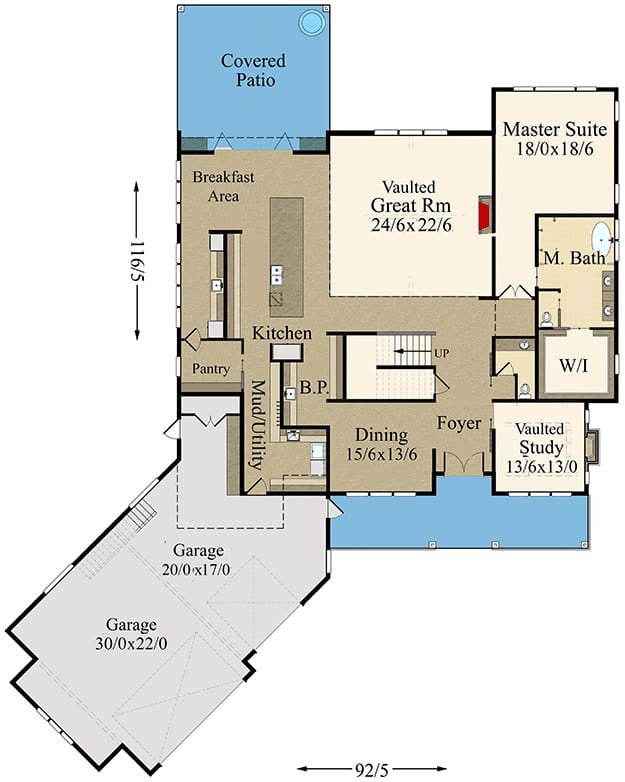 两层四卧室现代农舍的主要楼层平面图，设有门厅、用餐区、大房间、厨房、书房、主要套房和通往倾斜车库的储藏室。