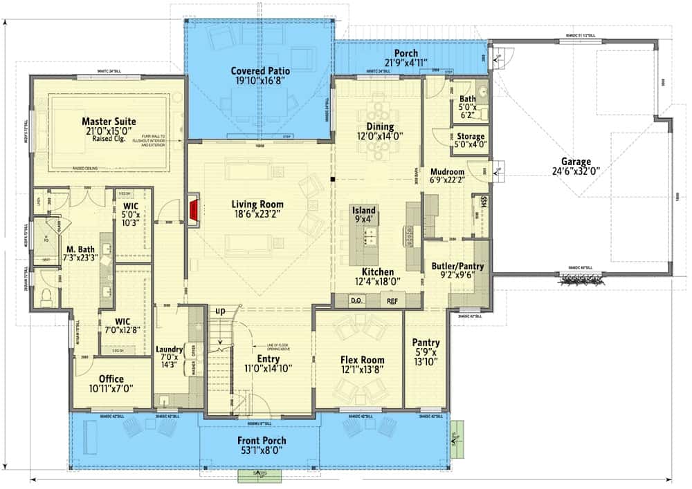两层四卧室现代农舍的主楼层平面图，设有大入口，客厅，厨房，用餐区，灵活室，主套房，家庭办公室，通往车库的储藏室，以及许多户外空间。