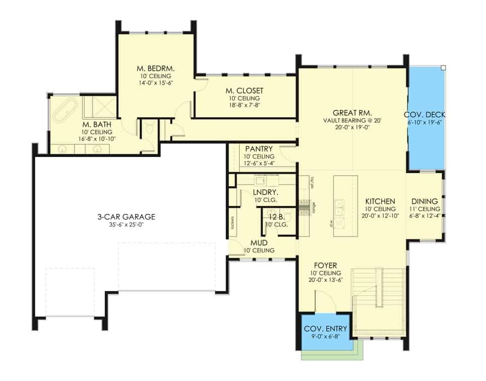 主级两层的平面图斯堪的纳维亚风格奥门厅带回家,厨房,餐厅,大房间,初级套房,和寄存室,打开车库。