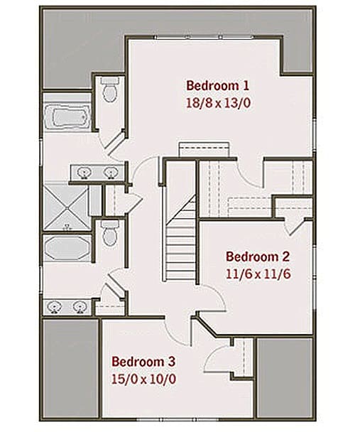 二层平面图有三间卧室和两间浴室。