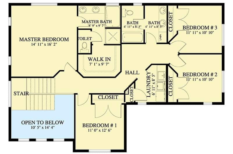 二楼平面图，有四间卧室，两间浴室和一间洗衣房。