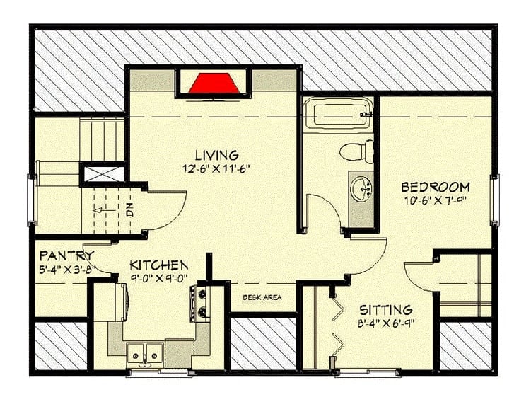 二楼平面图，客厅，厨房和带客厅的卧室。