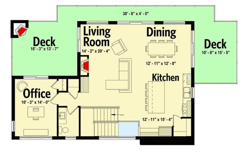 二层平面图，设有客厅，厨房，用餐区，办公室和环绕式甲板。