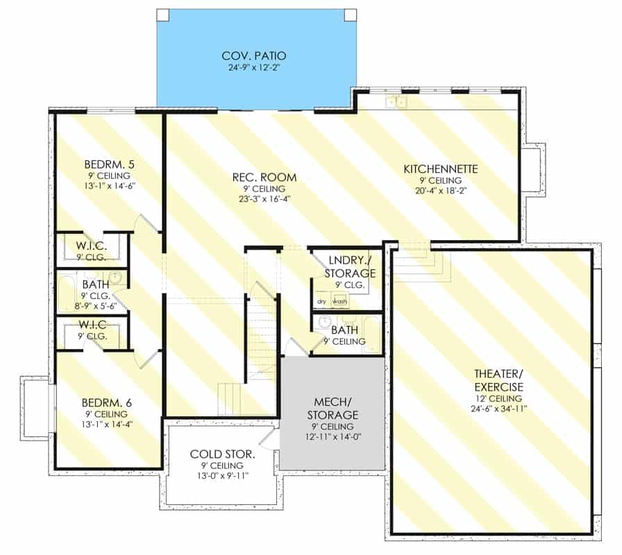 低层平面图有两间卧室，一间小厨房和一间带露台的娱乐室。