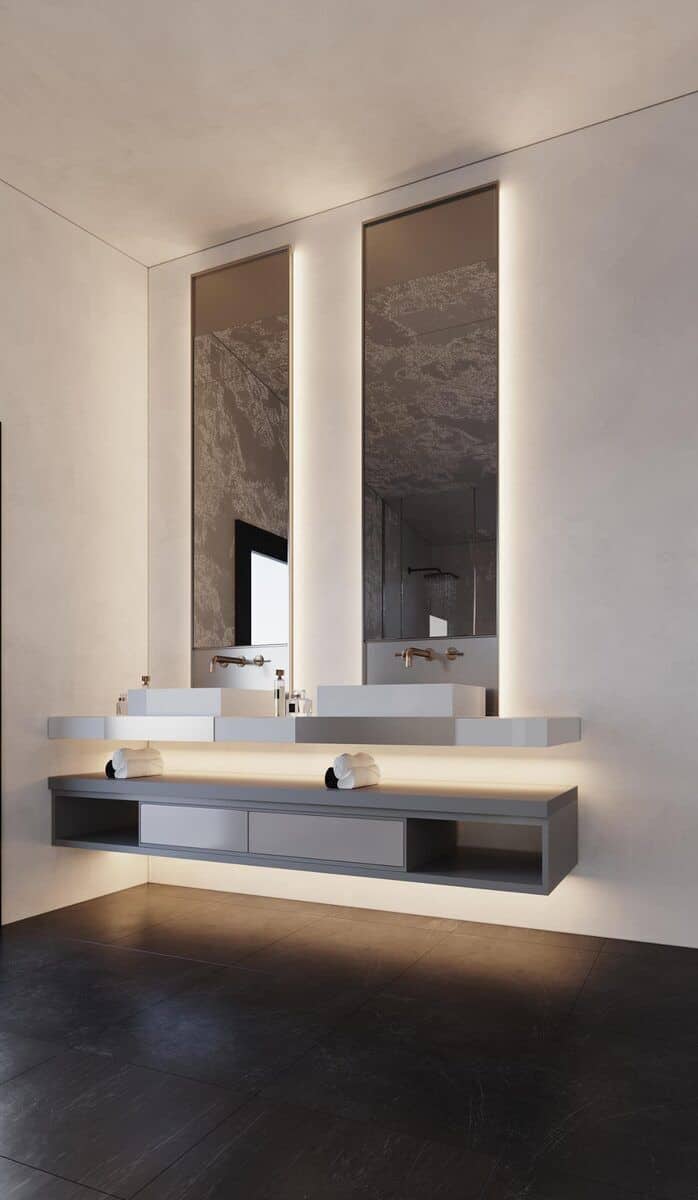 一个带有双容器水槽和高镜子的浮动梳妆台完成了主浴室。