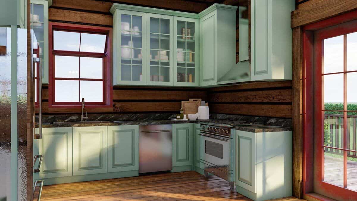 一侧的玻璃门将厨房延伸到一个开放的平台上。