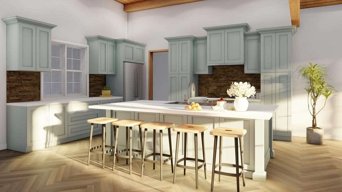 浅灰色橱柜厨房功能,大理石台面,早餐岛五个座位。