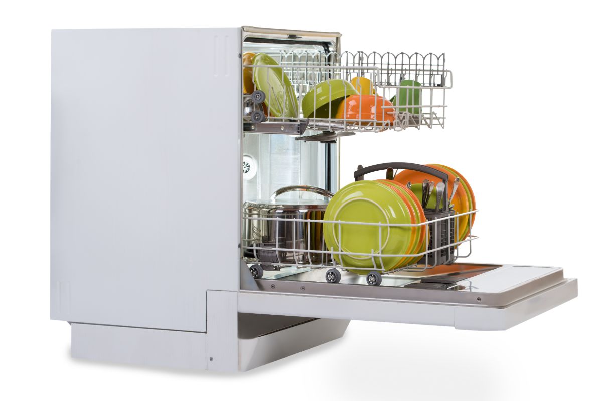 侧面视角的便携式洗碗机与完整的盘子和厨房用具。