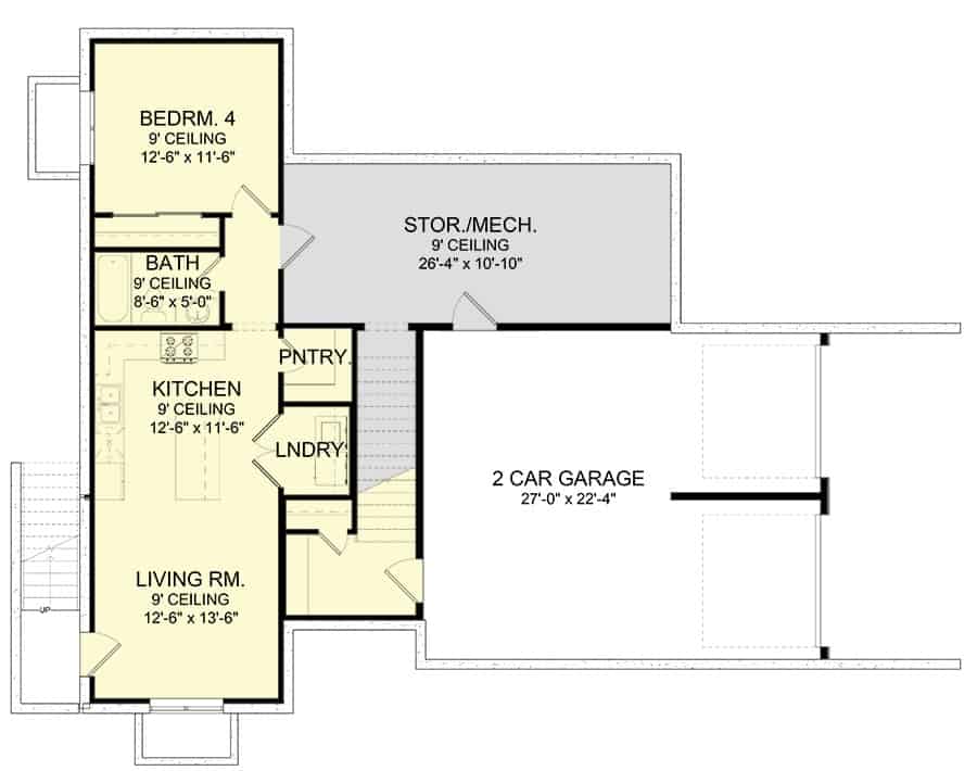 地面平面图与客厅、厨房、洗衣的衣橱,一个卧室,双车库。