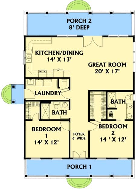 2卧室单层别墅的主要楼层平面图，带有前后门廊，门厅，大房间，厨房/餐厅，洗衣房，两个完整的卧室和两个浴室。