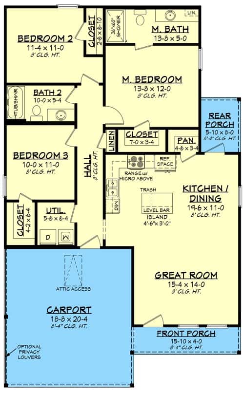新美式风格4卧室两层农舍的主平面图，前后门廊，大房间，厨房/餐厅，杂物间和车库。
