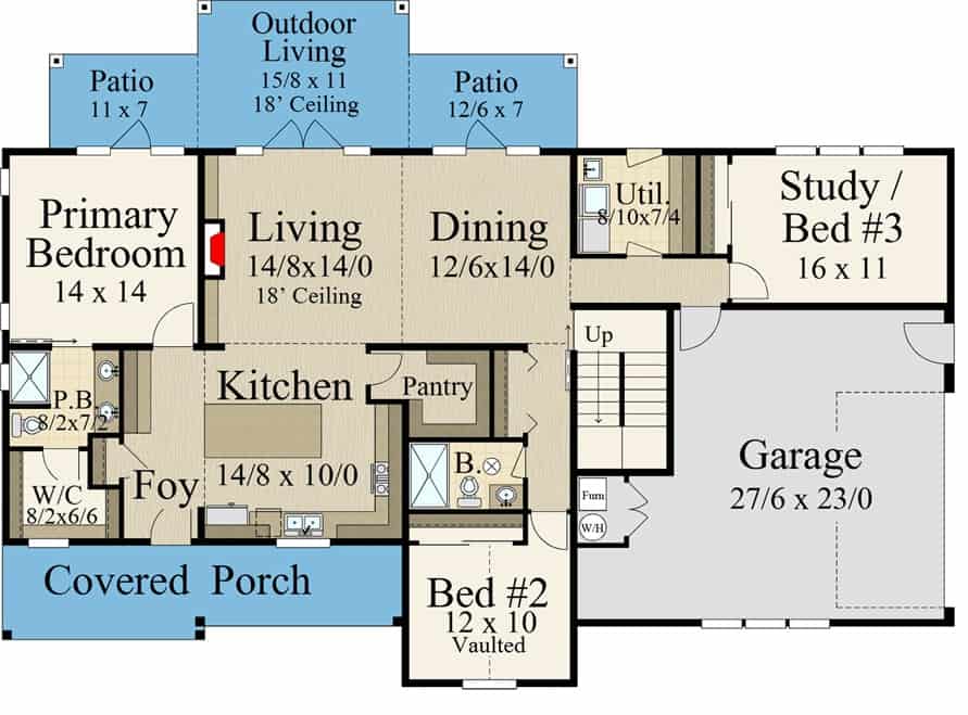 一个质朴的单层三卧室现代农舍的主平面平面图，有入口，大房间，厨房，用餐区，三间卧室，一个有盖的门廊，通往车库的洗衣房和一个环绕式前廊。