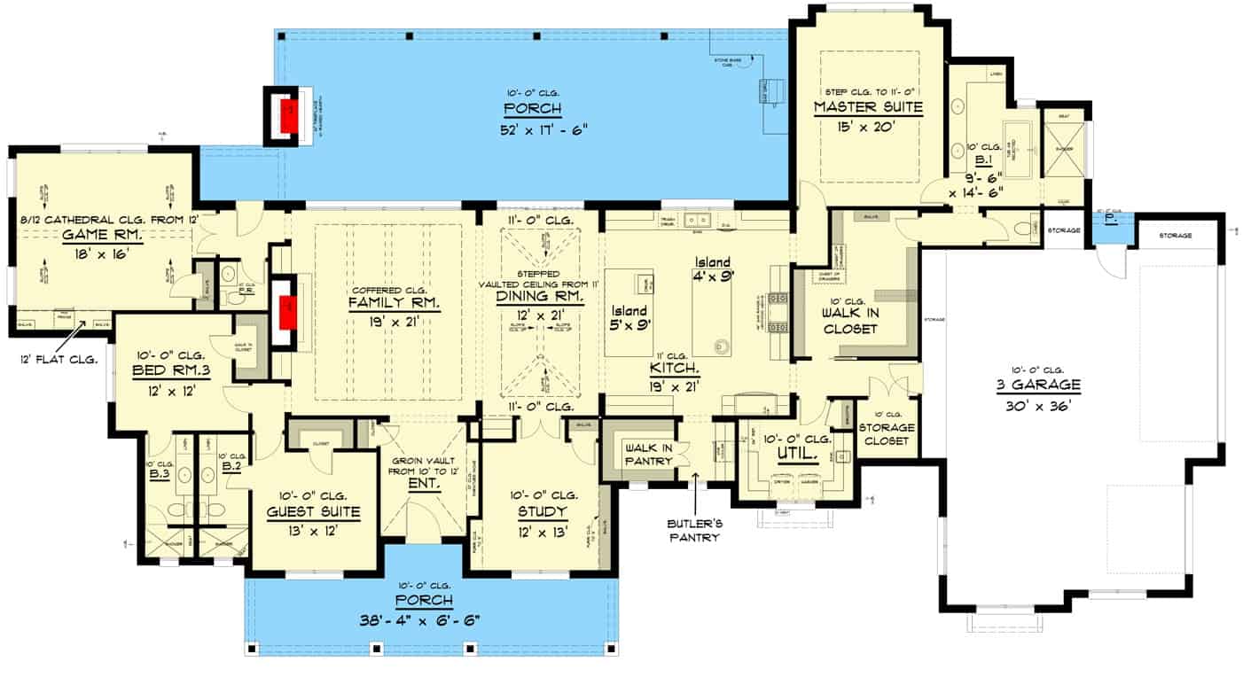 3层楼的卧室的主要层平面图山地带回家前后门廊,门厅,客厅,饭厅,厨房,书房,游戏房间,与存储空间效用和车库能停三辆。
