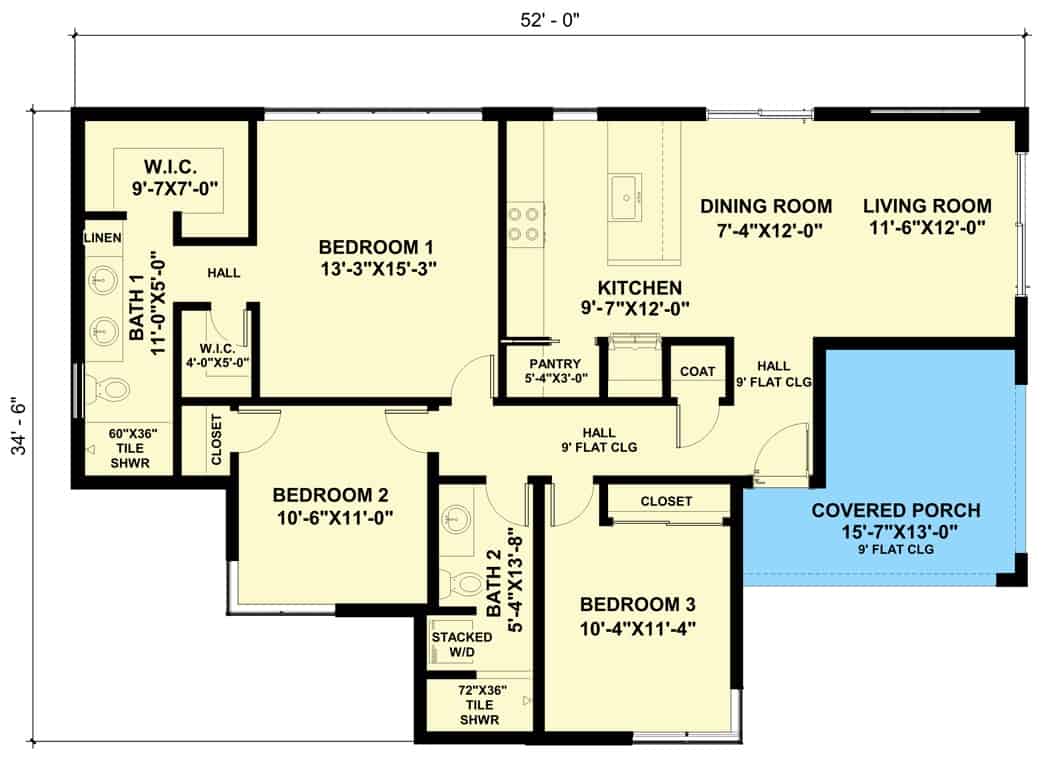 主级的平面图3层楼的本世纪中叶现代卧室与客厅,饭厅,厨房,洗衣衣柜,和一个门廊。