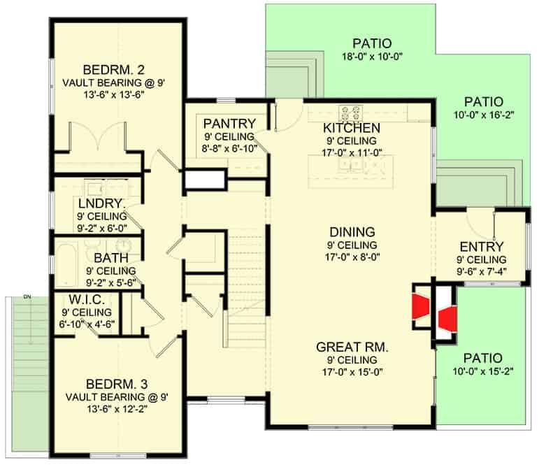 主级的三层平面图过渡位于当代家庭的房间,餐厅,厨房,两间卧室,洗衣房,和多个天井。
