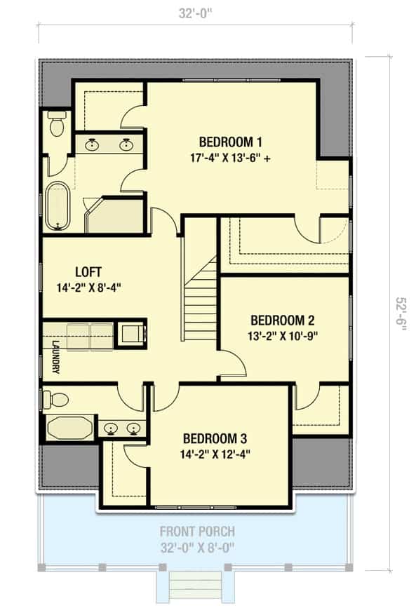 二层平面图有三间卧室，两间浴室，一间阁楼和一间洗衣房。
