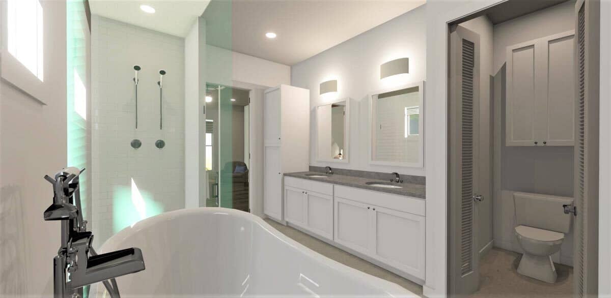 主浴室有一个双洗手池梳妆台，一个卫生间，一个独立的浴缸，和一个配备两个淋浴头的步入式淋浴。
