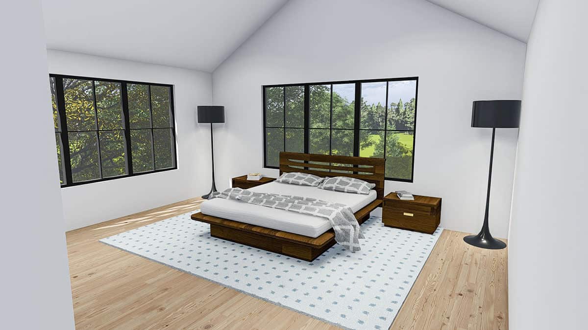 主卧室与木制家具,大教堂天花板,大面积地毯和硬木地板。