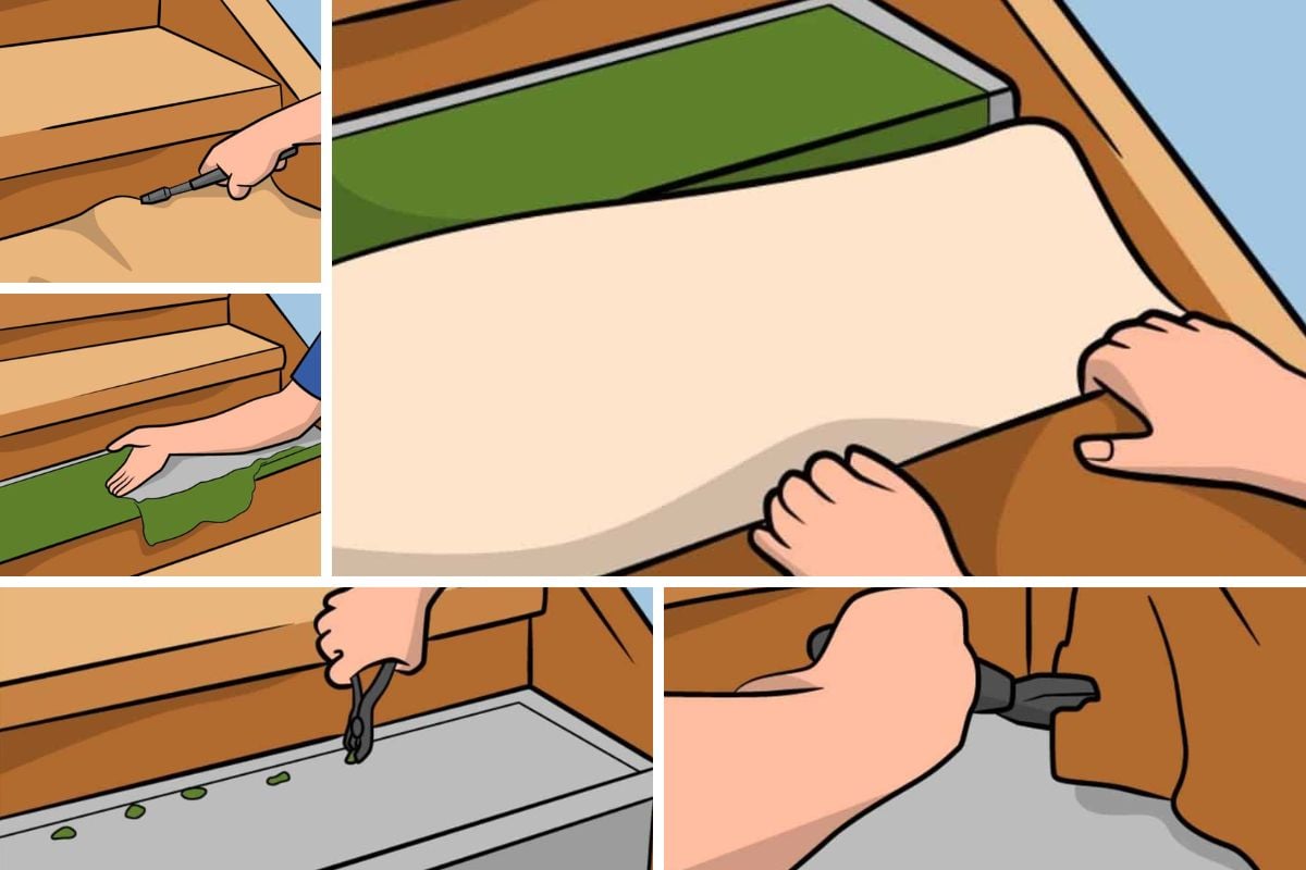 关于如何从楼梯上移除地毯的拼贴插图。