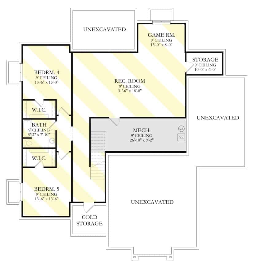 底层平面图有两间卧室,一个娱乐室,游戏房间,和大量的存储空间。