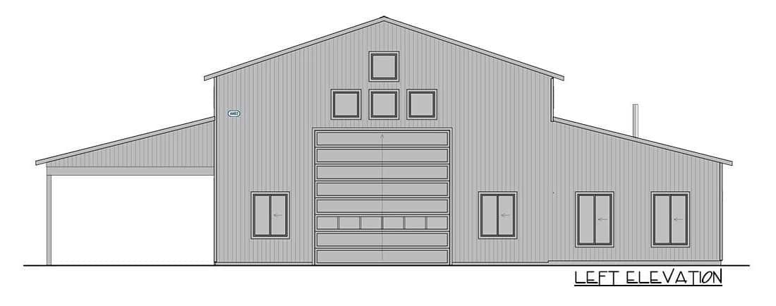 乡村风格的2卧室单层rv友好的谷仓的左立面草图。