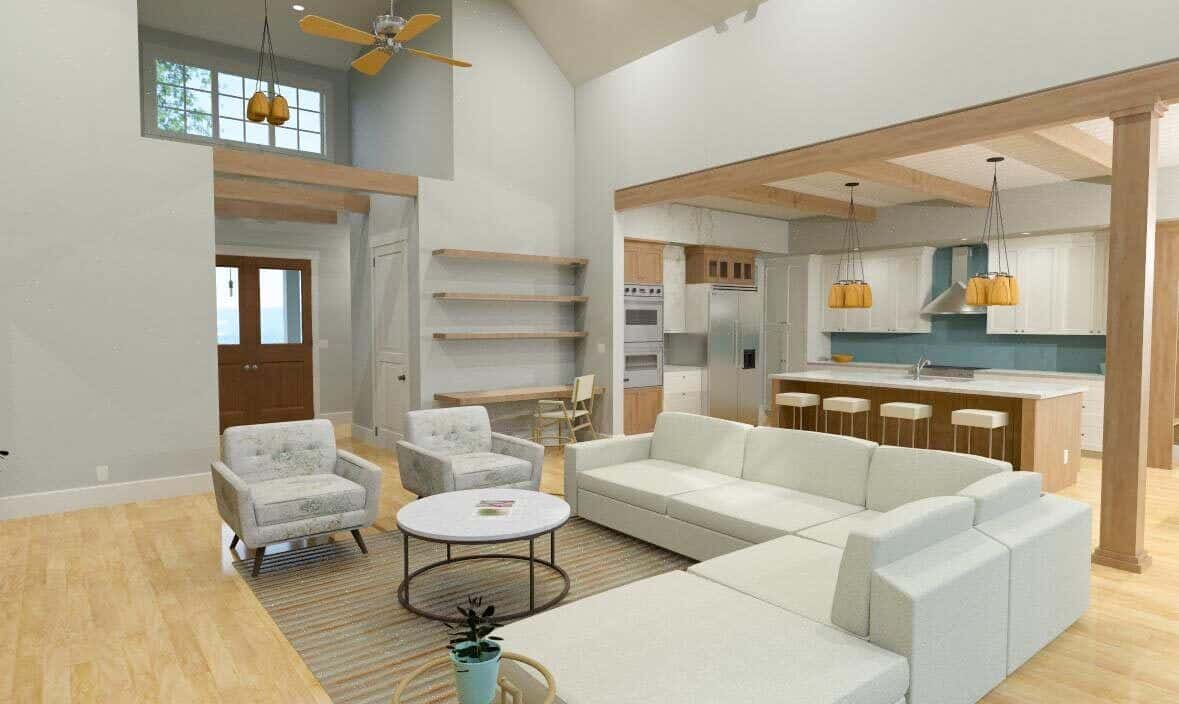 客厅也通向由横梁天花板和木柱界定的厨房。