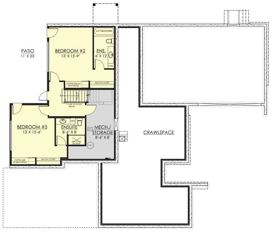 底层平面图和两个卧室套房和专用的存储空间。