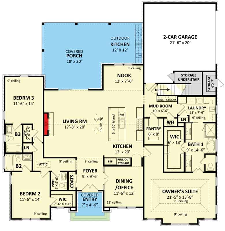 四卧室单层过渡住宅的主要楼层平面图，设有门厅、客厅、厨房、早餐角、餐厅、办公室、洗衣房、通往车库的储藏室，以及包括主要套房在内的三间卧室。