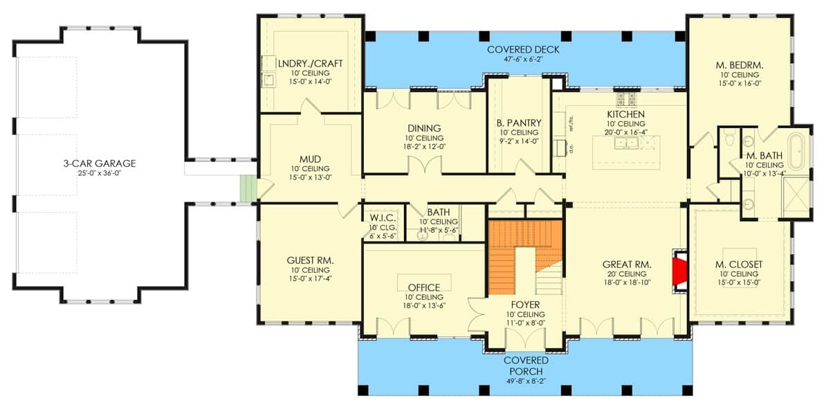 6间卧室的两层殖民式住宅的主要楼层平面图，带有前后门廊，大房间，厨房，餐厅，办公室，两间卧室，洗衣房和通往车库的储藏室。