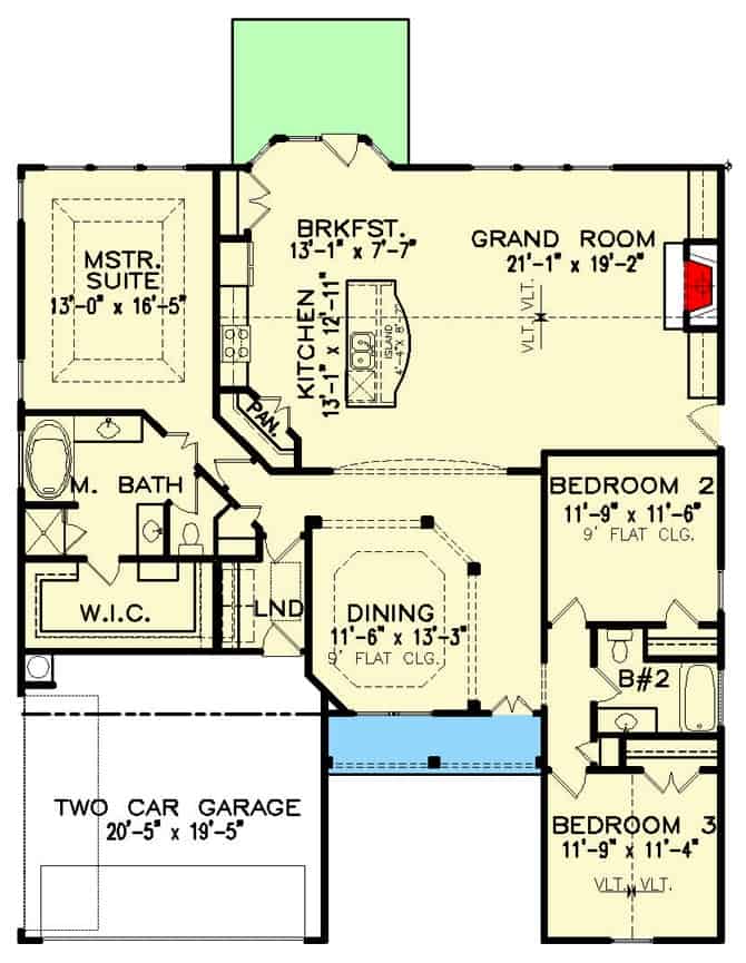 新美式风格的3卧室单层牧场的主要楼层平面图，设有餐厅，厨房，大房间，三间卧室和一间通往双车库的洗衣房。
