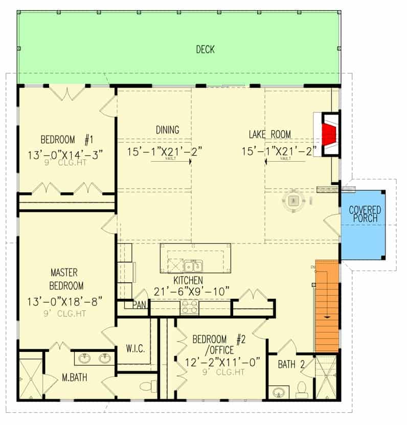 单层现代5卧室山坡住宅的主平面平面图，设有大房间，厨房，用餐区，主卧室，通往车库的储藏室，洗衣房和环绕式门廊。