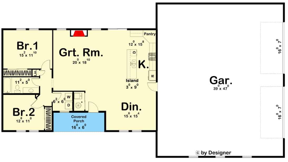 传统2卧室单层谷仓式住宅的主要楼层平面图，带有前廊，大房间，用餐区，厨房，两间卧室和一个超大的4车位车库。
