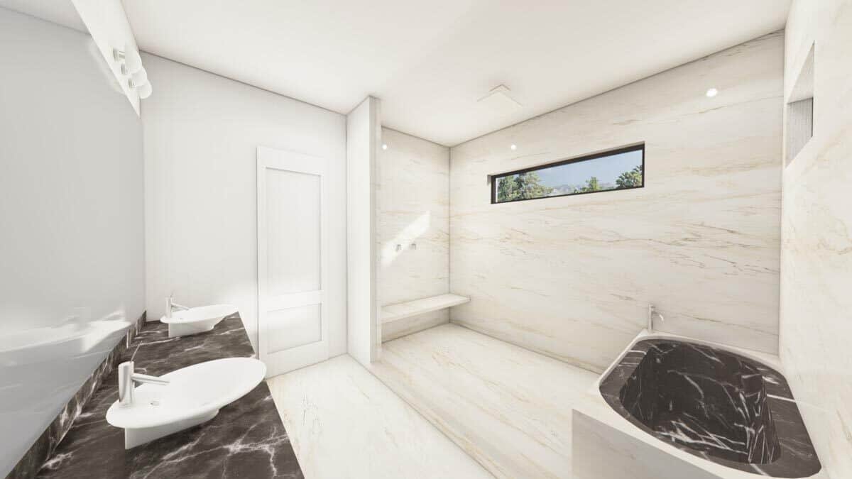 主浴室有一个双水槽虚荣和潮湿的房间与瓷砖的长椅上,dropin浴缸,天窗窗口。