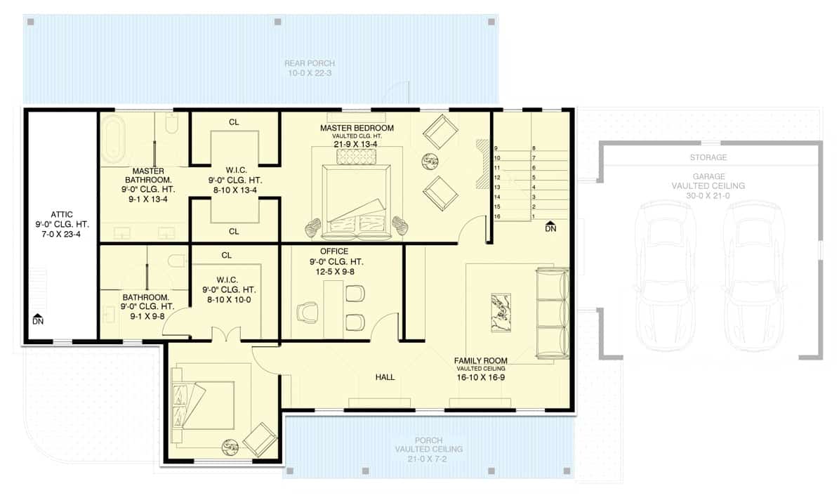 第二层平面图，家庭娱乐室，家庭办公室和两间卧室，包括主套房。