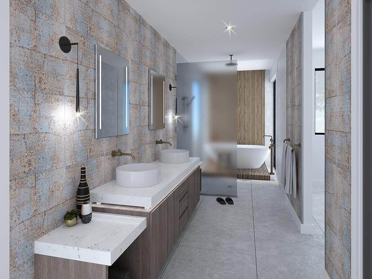 主浴室有一个步入式淋浴,独立浴缸,和一个木制虚荣配备双船下沉,石英计数器,明亮的镜子。