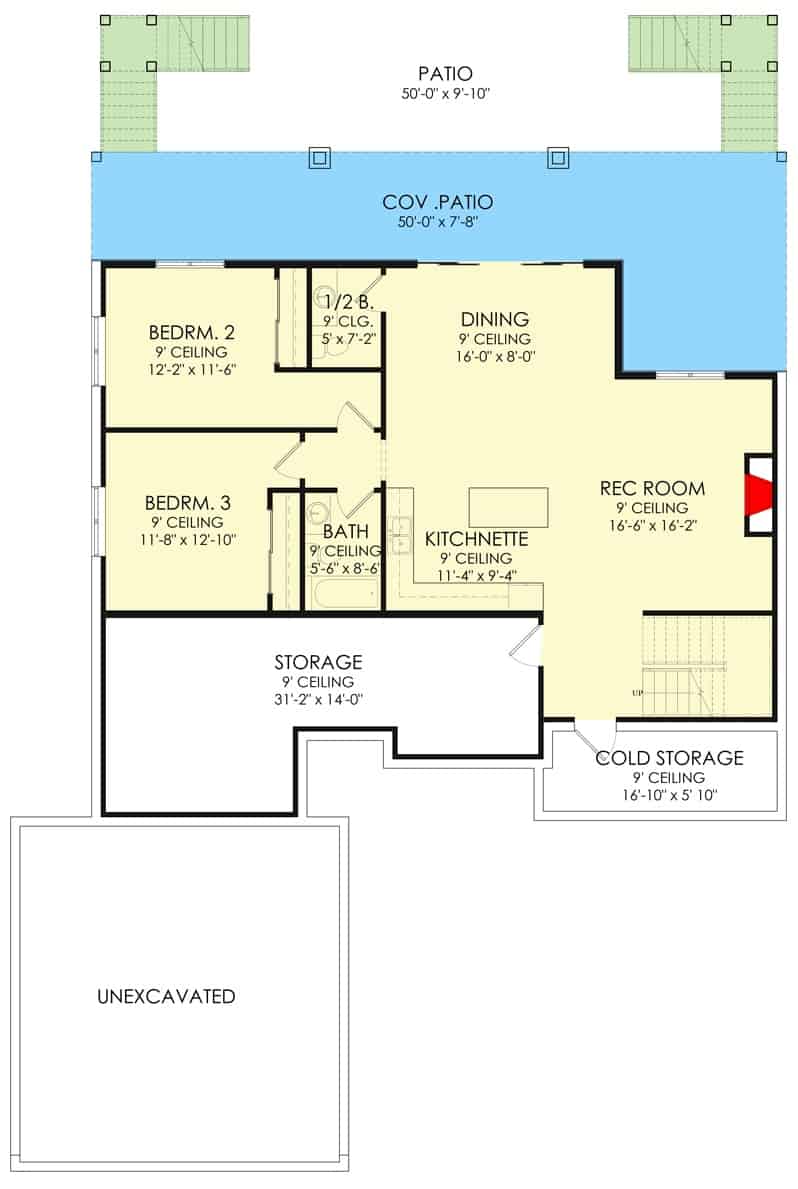 步行下层平面图，设有娱乐室，厨房，两间卧室和通往后露台的用餐区。