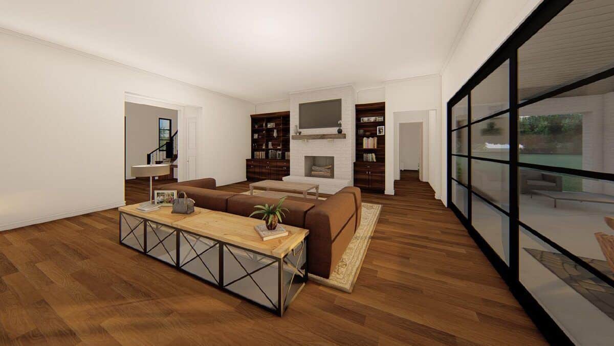 客厅里有一张棕色沙发，壁炉上方有一台电视，两侧是木制嵌壁式家具。