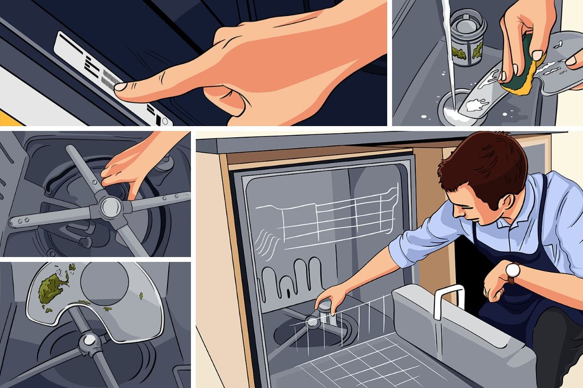 拼贴画的插图如何清洁洗碗机过滤器。