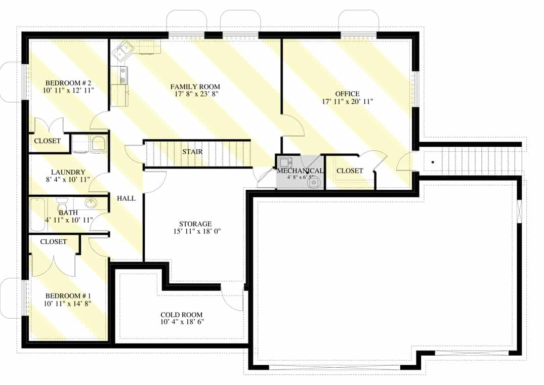 较低楼层平面图，有两间卧室，家庭活动室，家庭办公室和充足的存储空间。