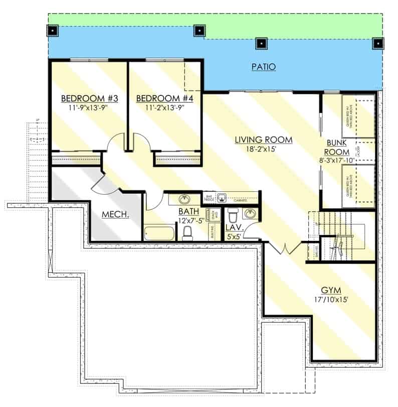 低层平面图有两间卧室，上下铺间，健身房和带湿酒吧和露台的客厅。