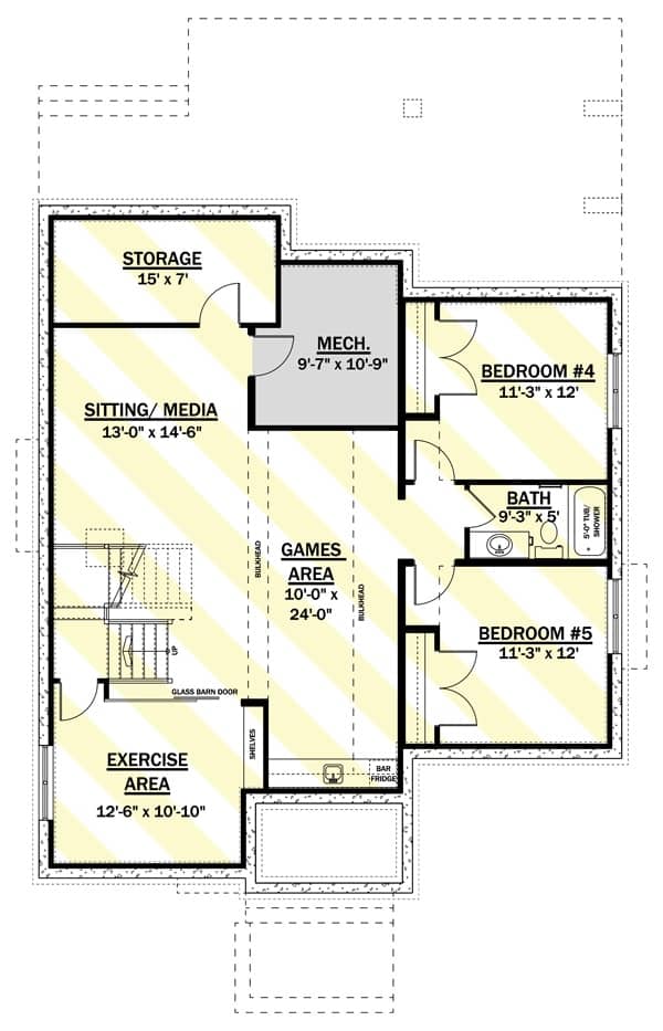 较低楼层平面图，有两间卧室，游戏区，坐/媒体和存储空间。