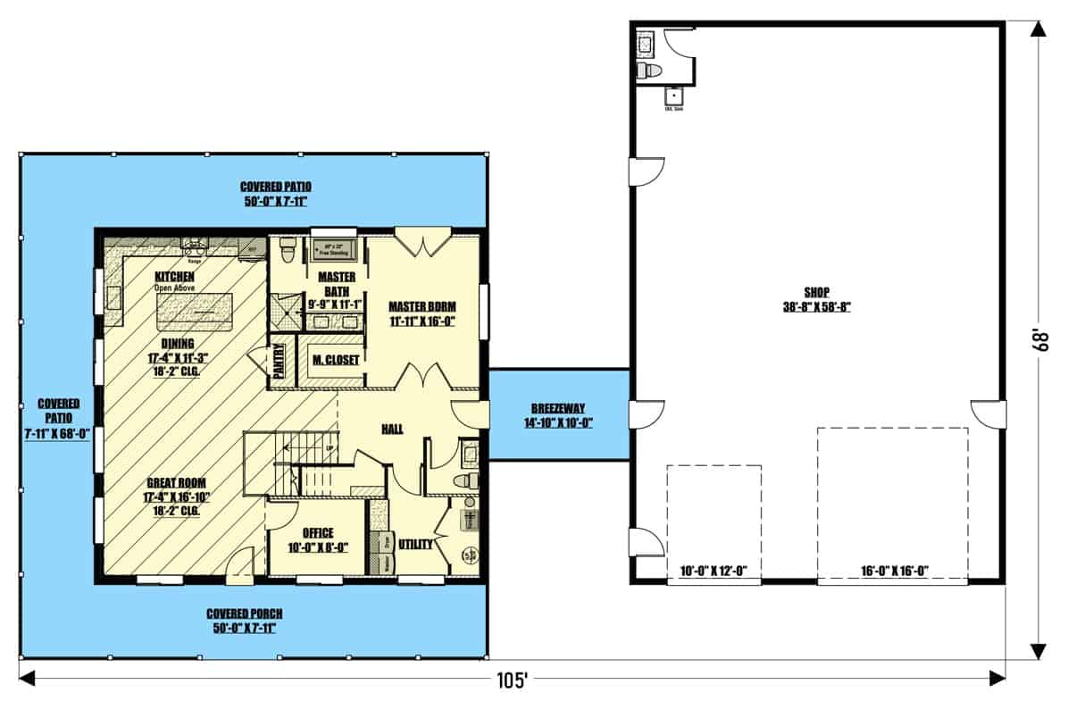 乡村风格的3卧室两层谷仓公寓的主要楼层平面图，设有大房间，厨房，用餐区，主要卧室，办公室，环绕式门廊和独立的车间。